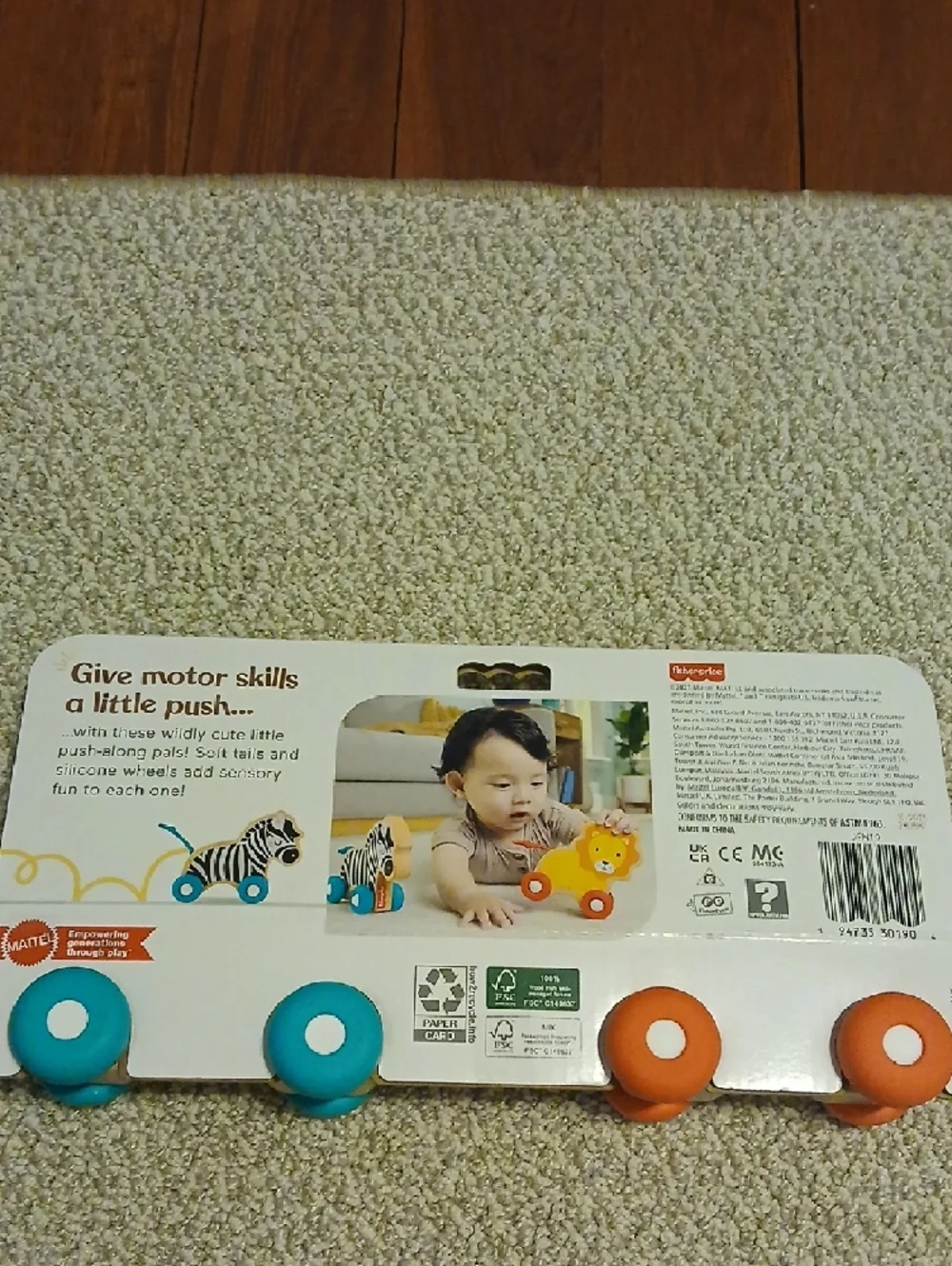Fisher-Price Yellow Lion and Black-and-White Zebra Wooden Push-Along Set 6m+ NEW